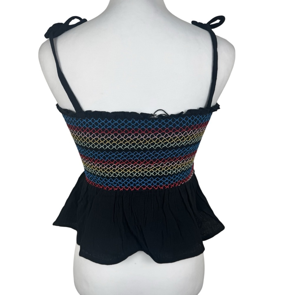 NWT Day + Moon Black Smocked Multicolor Cami Crop Tank Top Peplum Stretch - Picture 6 of 12